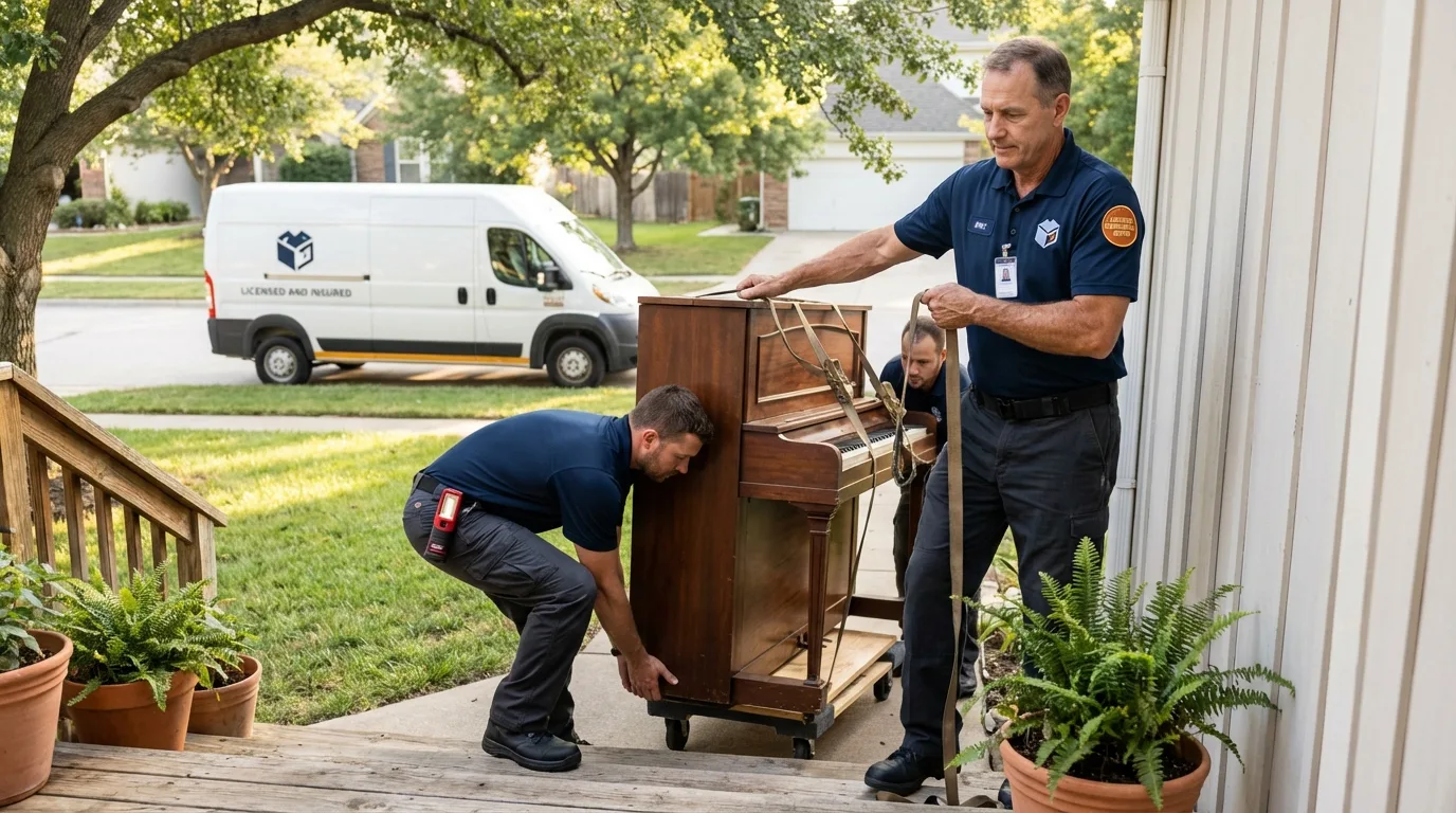 Licensed piano movers securing grand piano in Perryman, MD