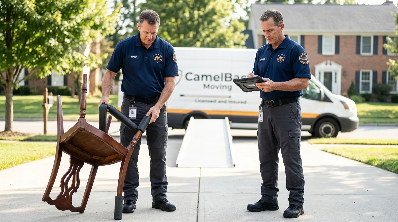Movers inspecting furniture for damage prevention before loading in Perryman, MD